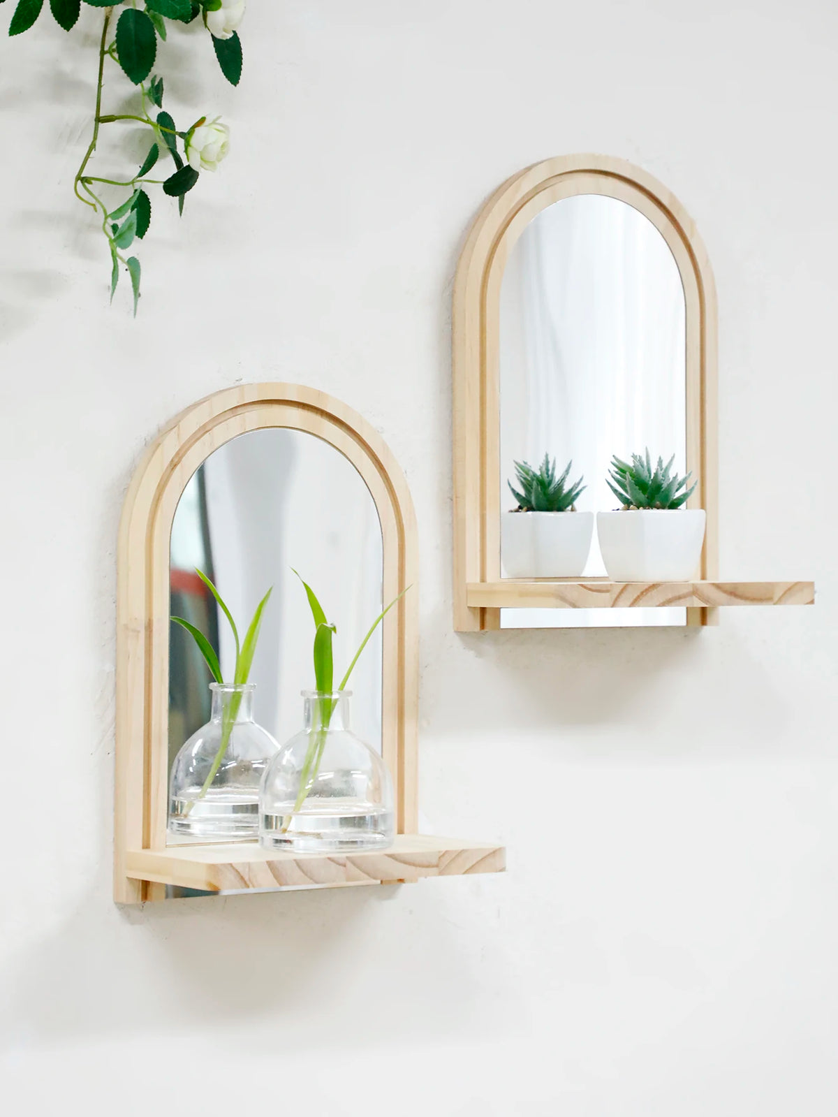 Arched Wall Mirror Shelf Natural Wood Hanging Mirror