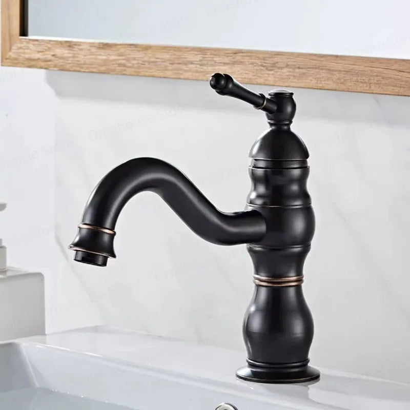 Antique Brass Basin Faucet 360 Rotation Handle Deck