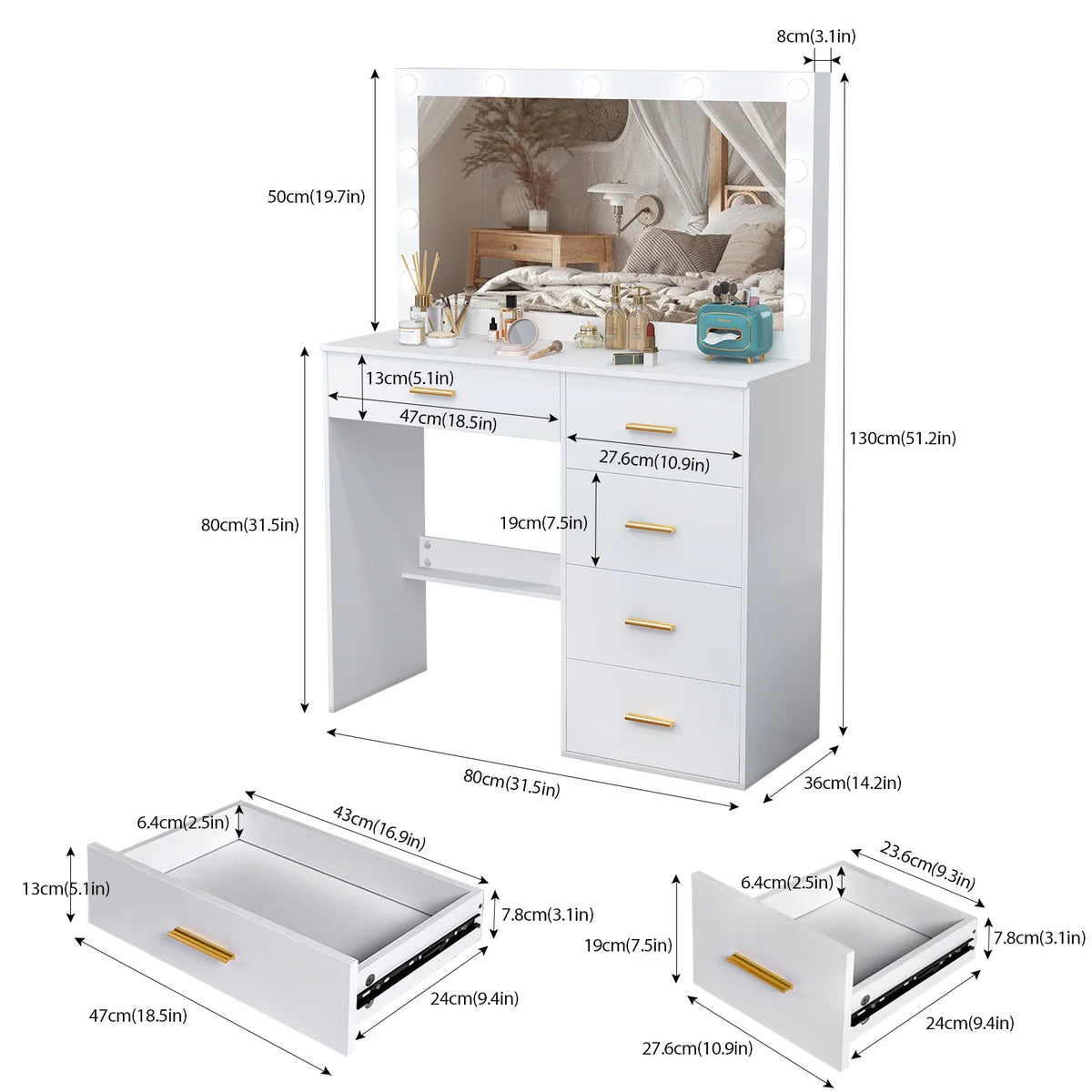 White Dressing Table Large Hollywood Mirror 11 Led