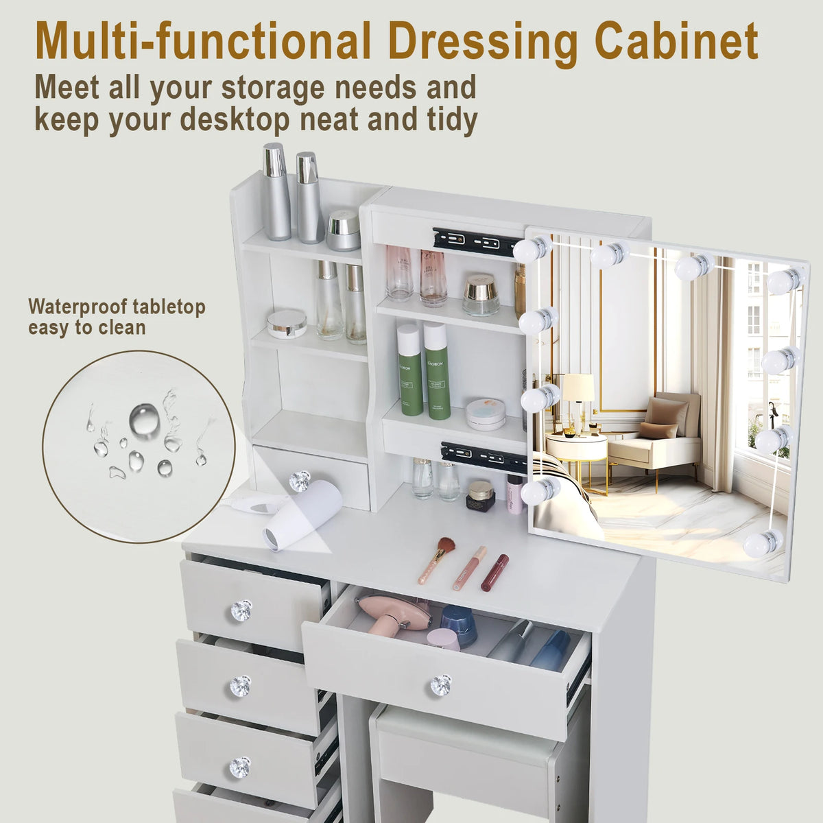 White Dressing Table Vanity Sliding Mirror Frame 3-Color