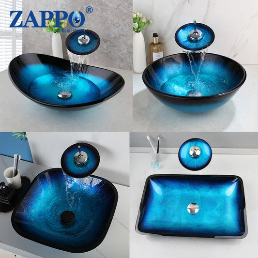 Zappo Tempered Glass Bathroom Vessel Sink Waterfall Black