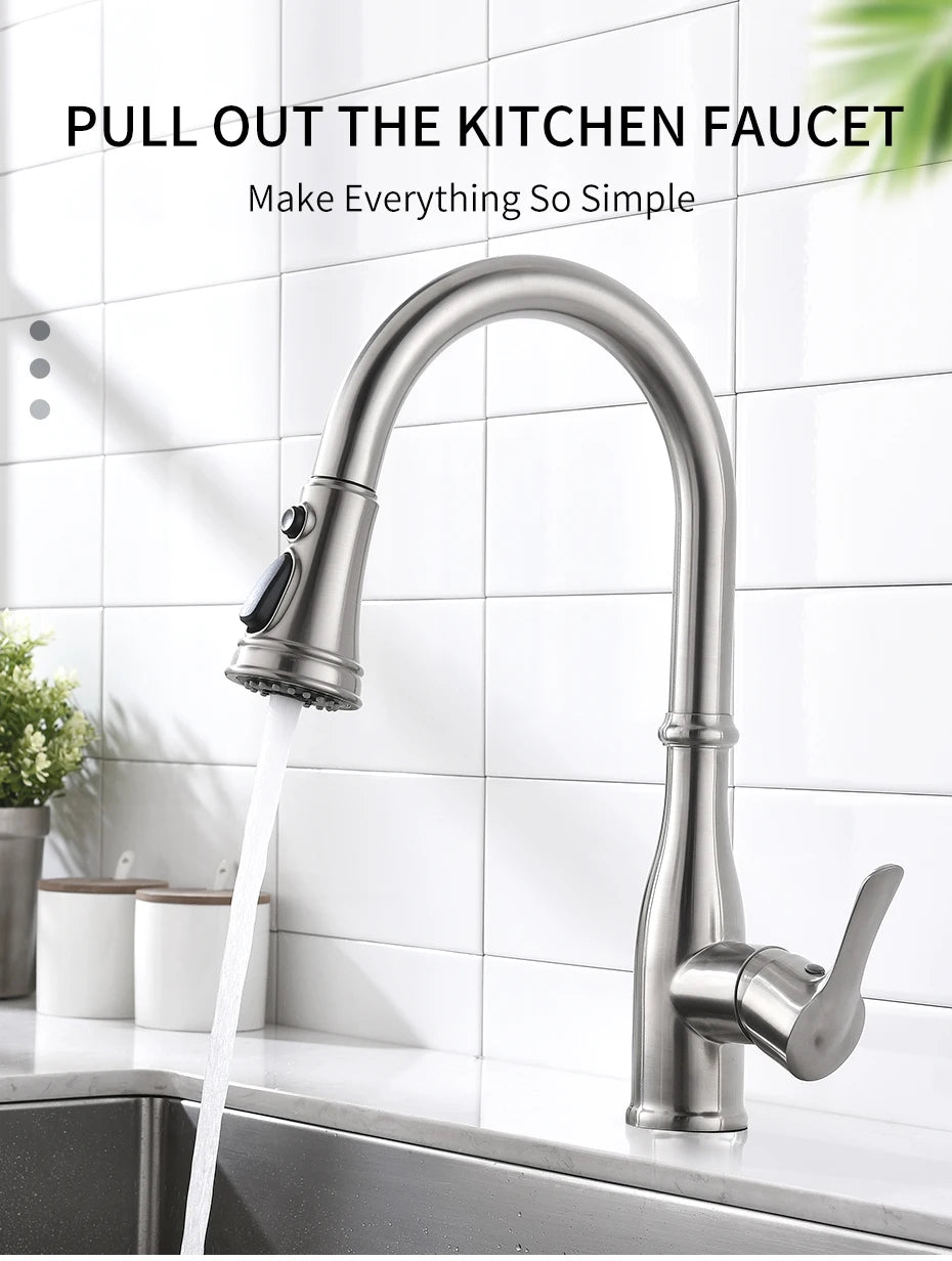 Brushed Nickel Faucets Handle Pull Out Tap Hole
