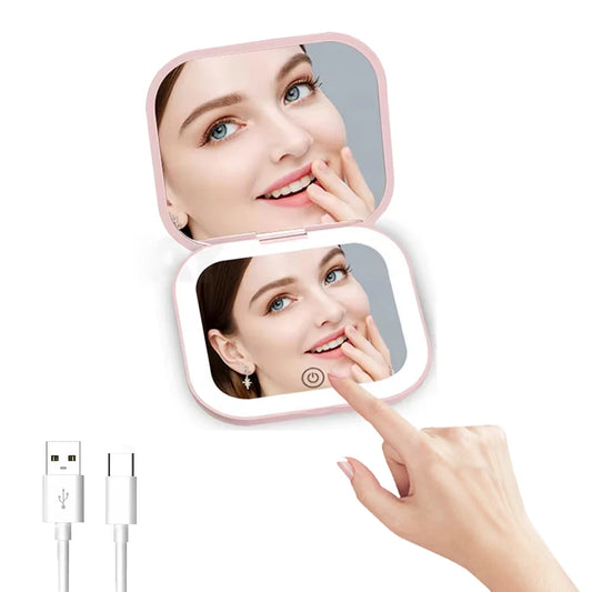 2x Magnifying Compact Vanity Makeup Mirror Lights Travel