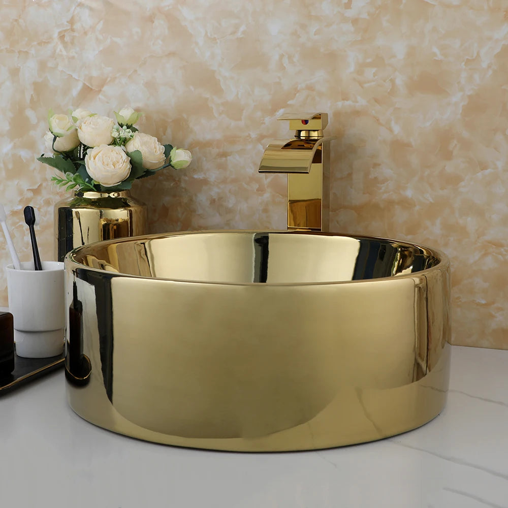 Kemaidi 14 Gold Round Vessel Sink Faucet Ceramic