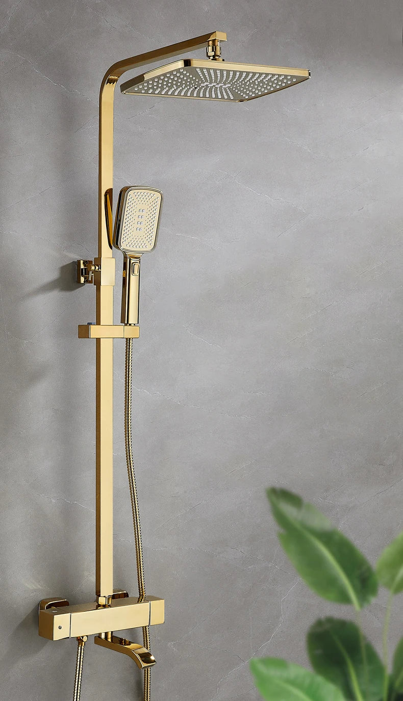 Square Thermostatic Bathroom Shower Quality Brass Cold Gold