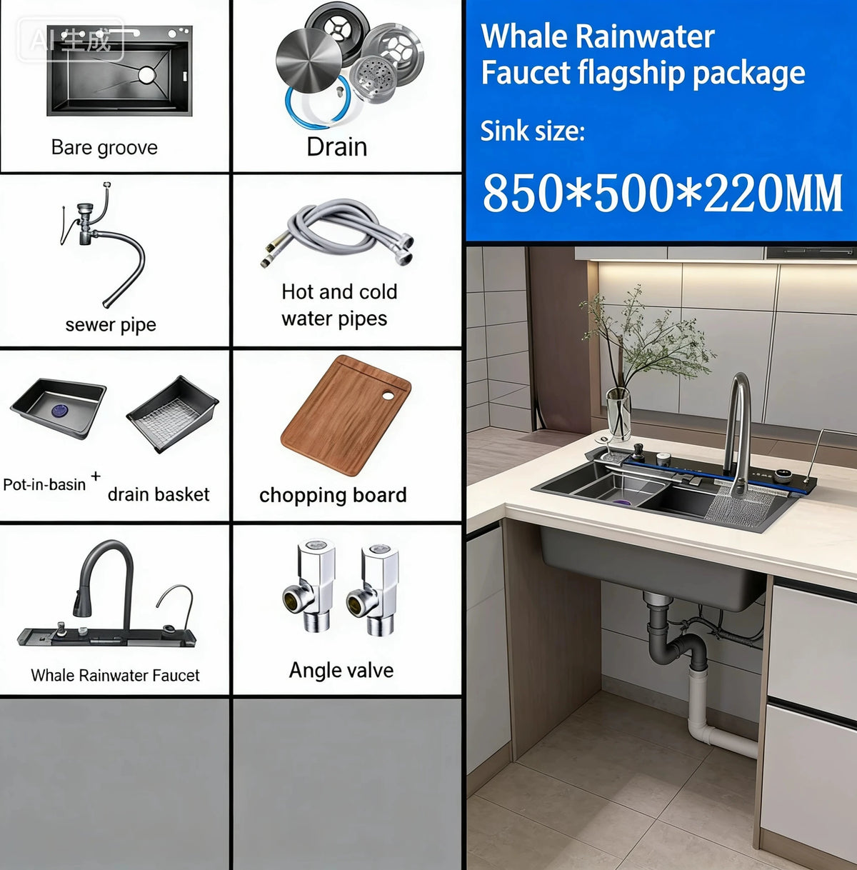 Stainless Steel Waterfall Sink Embossed Large Slot Vegetable