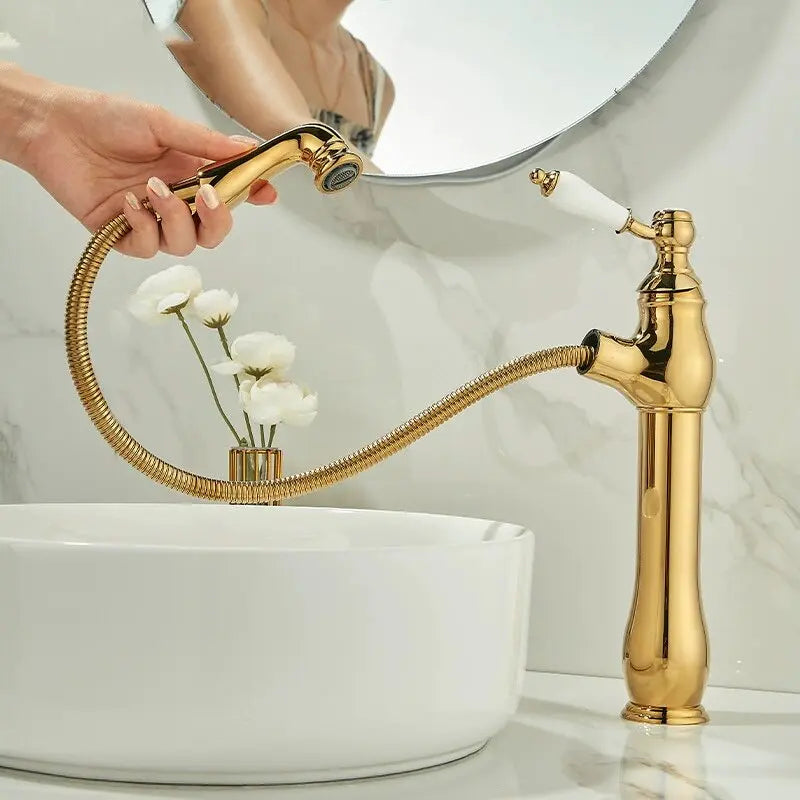 Gold Bathroom Ceramic Handle Basin Faucets Pull Out