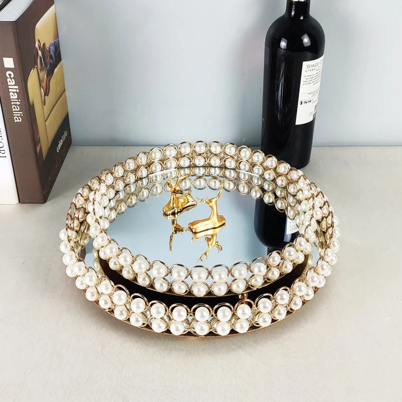 European Pearl-Edged Glass Tray Ornaments Cosmetic Mirror Storage