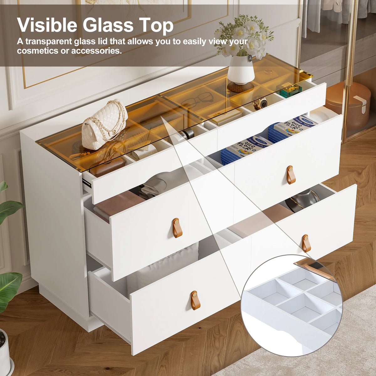 6-Drawer White Sliding Glass Sideboard Makeup Vanity Cabinet