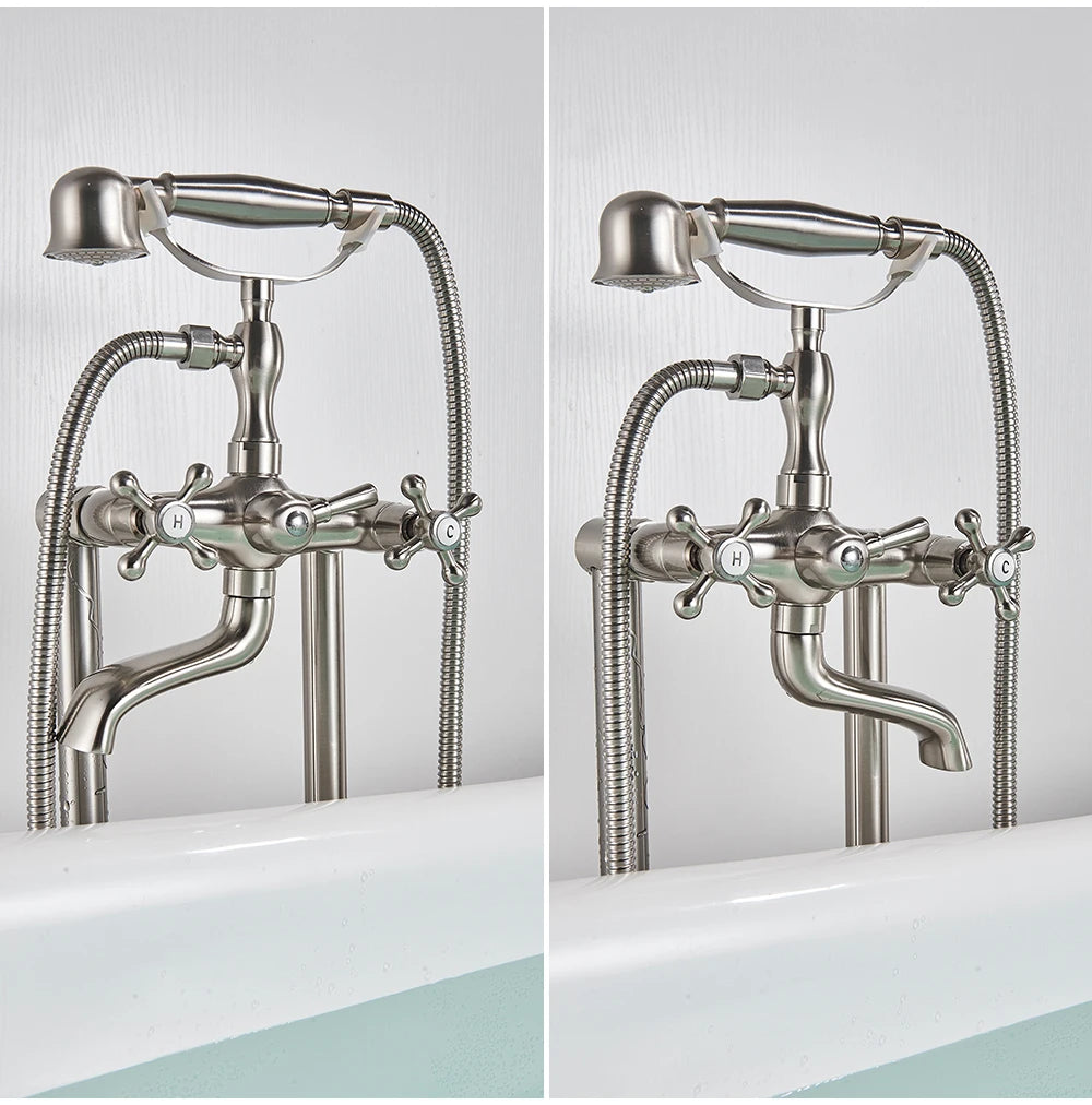 Antique Brass Floor Mounted Bathtub Shower Faucet Dual