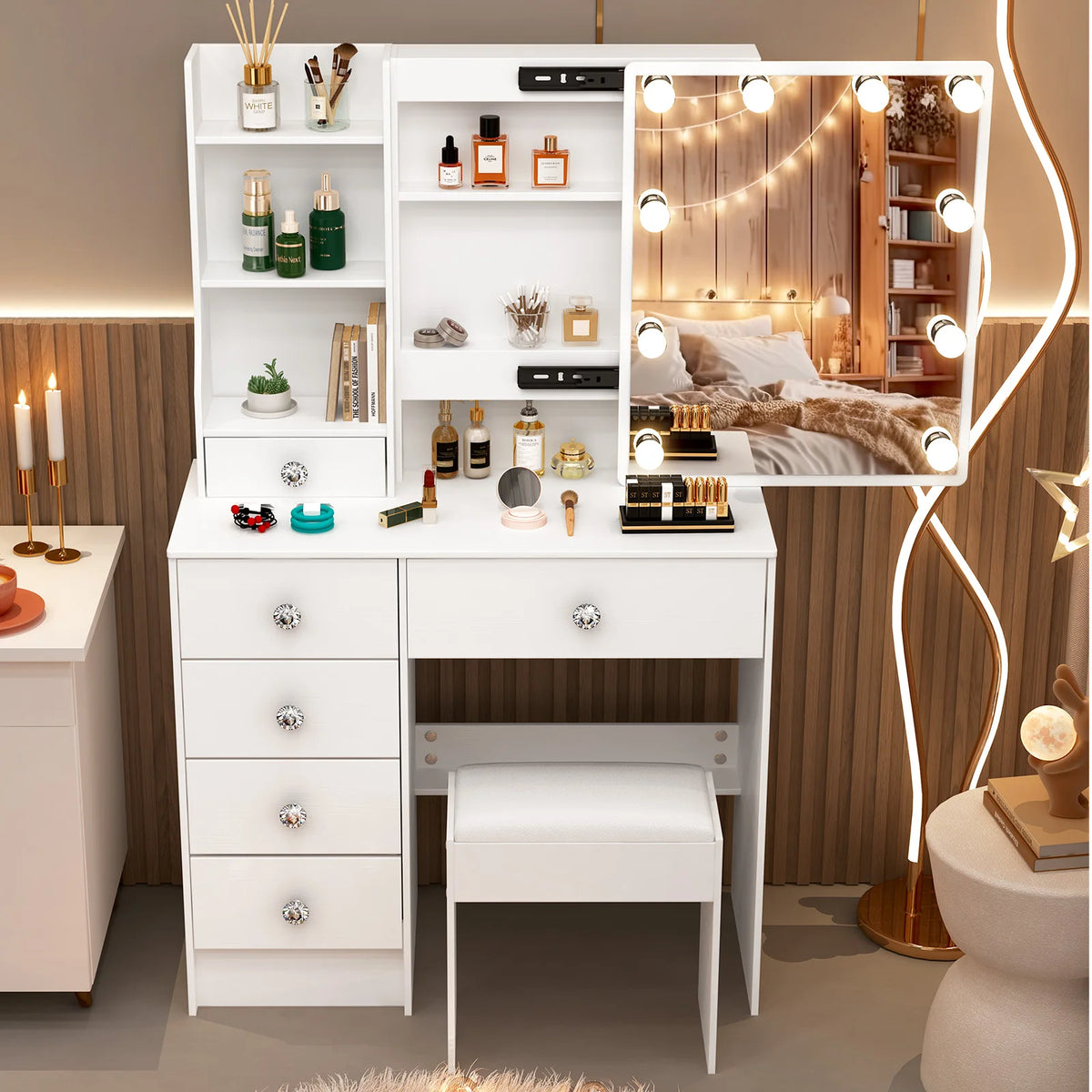 Teousev White Led Makeup Vanity Sliding Mirror 3-Color