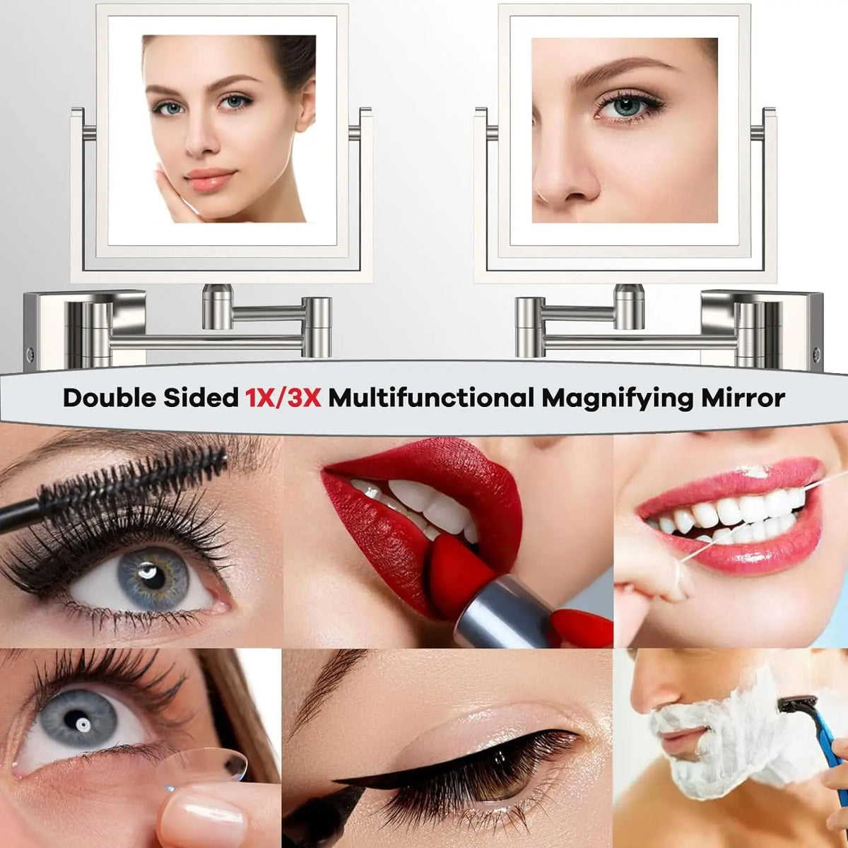 Square Touch Led Folding Bathroom Mirror 3x Magnifying