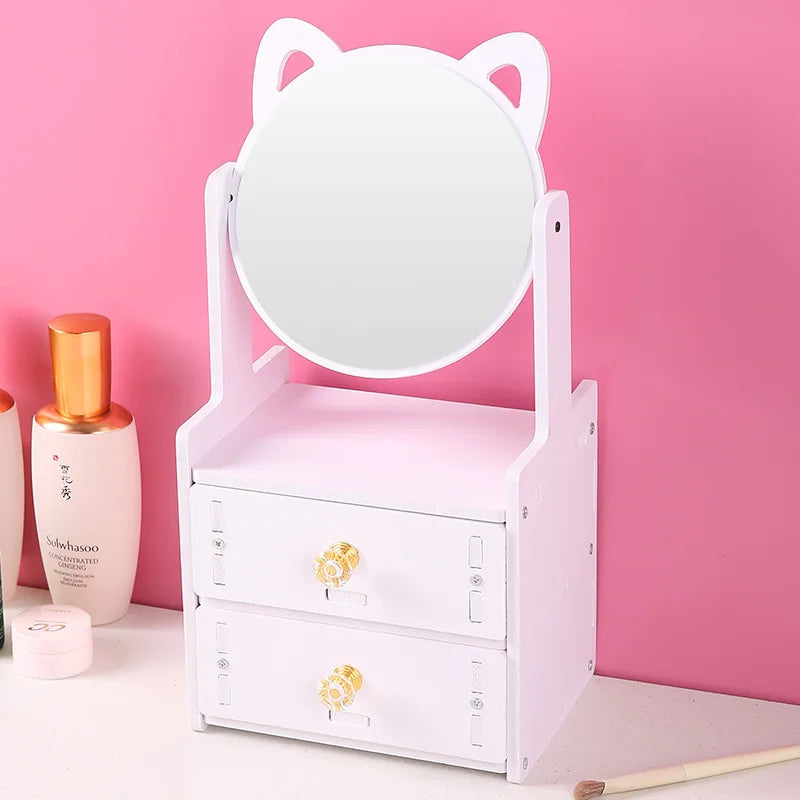 Desktop Drawer-Type Vanity Mirror Storage Box Round Makeup