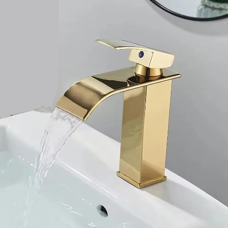 Brushed Golden Basin Faucets Elegant Waterfall Bathroom Sink