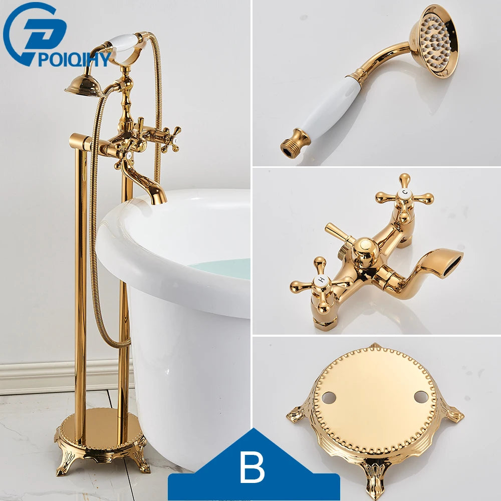 Antique Brass Floor Mounted Bathtub Shower Faucet Dual