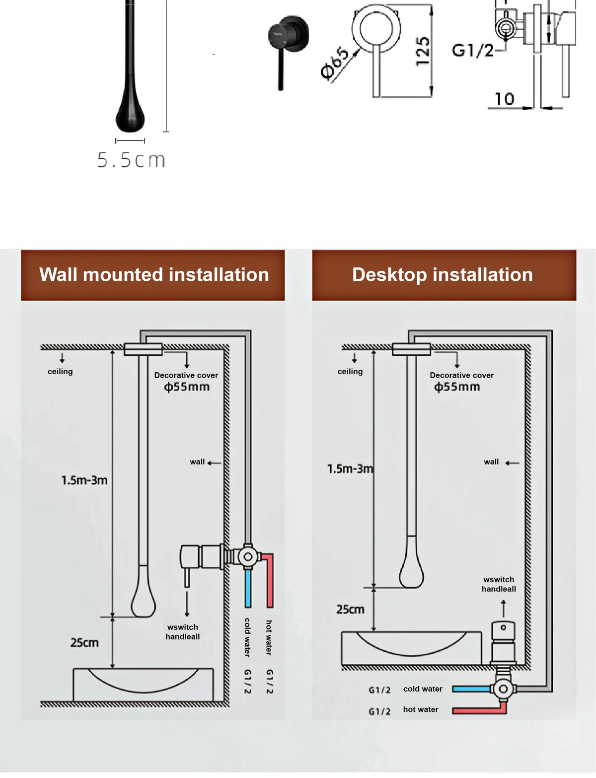 Luxury Matte Black Brass Ceiling Style Water Outlet