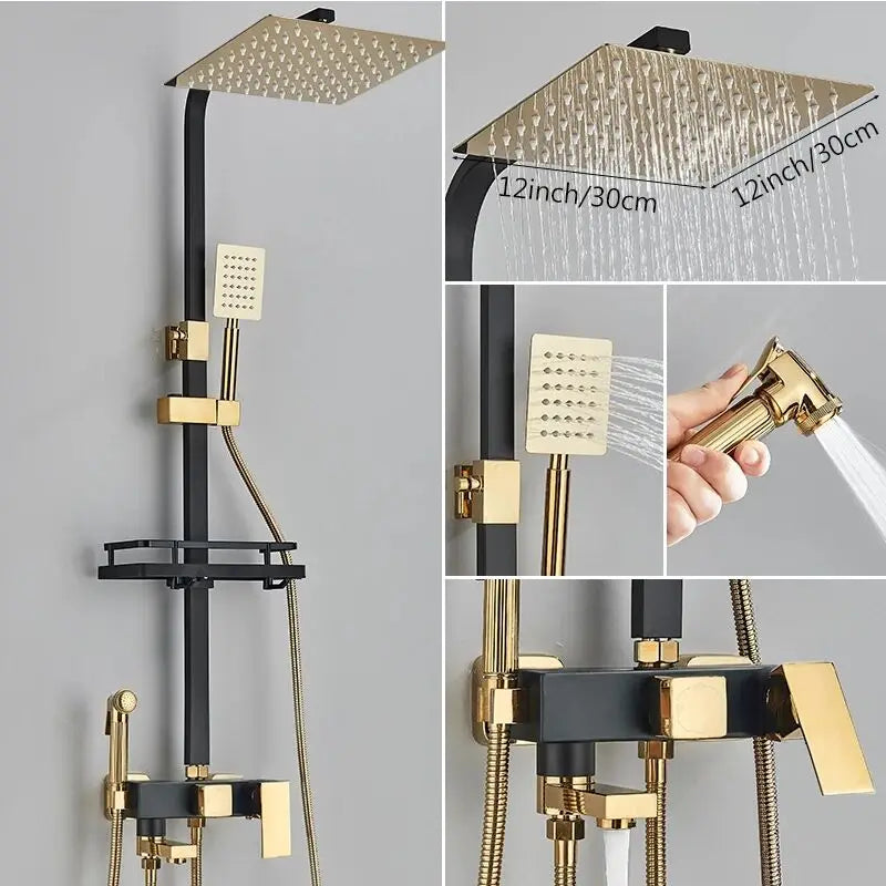 Black Brass Shower Faucet Rainfall Bathtub Tap Bathroom