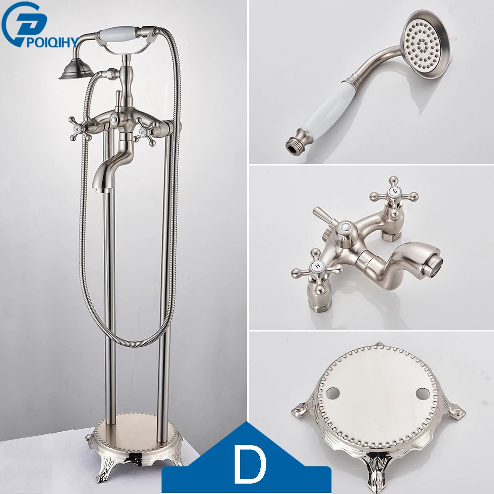 Antique Brass Floor Mounted Bathtub Shower Faucet Dual