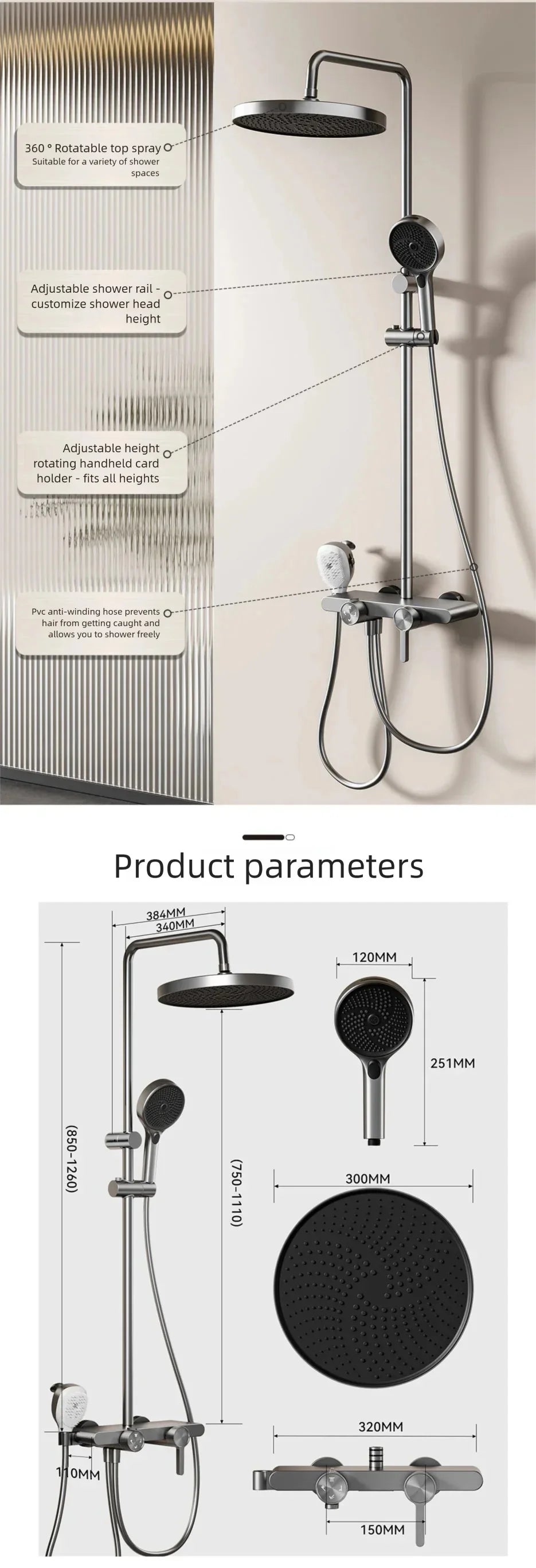 Bathroom Aluminum Gunmetal Gray Shower Silicone Brush Head