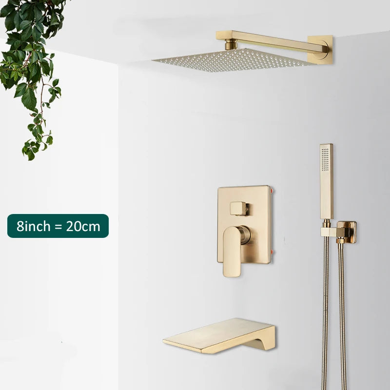 Quyanre Brushed Gold Shower Faucets Bathroom Wall Mounted