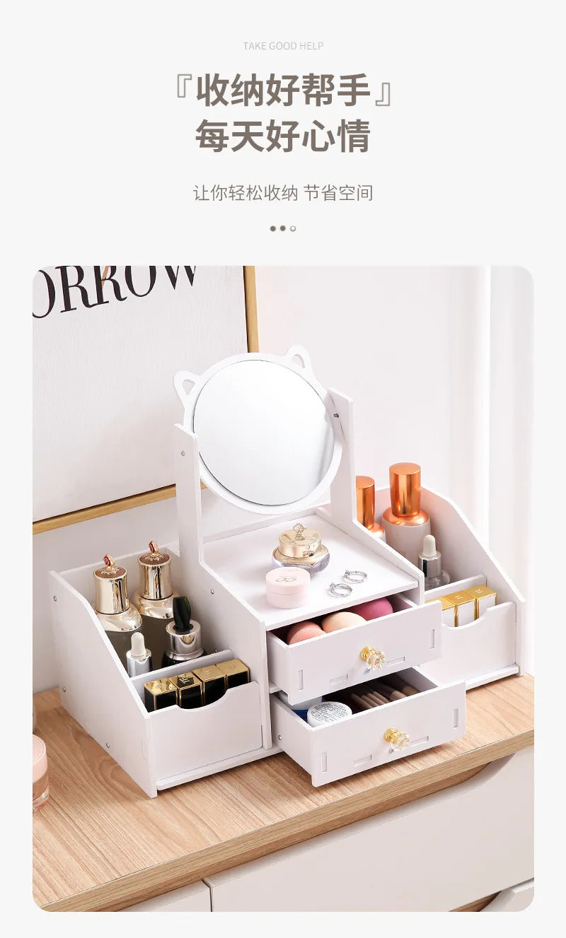 Desktop Drawer-Type Vanity Mirror Storage Box Round Makeup