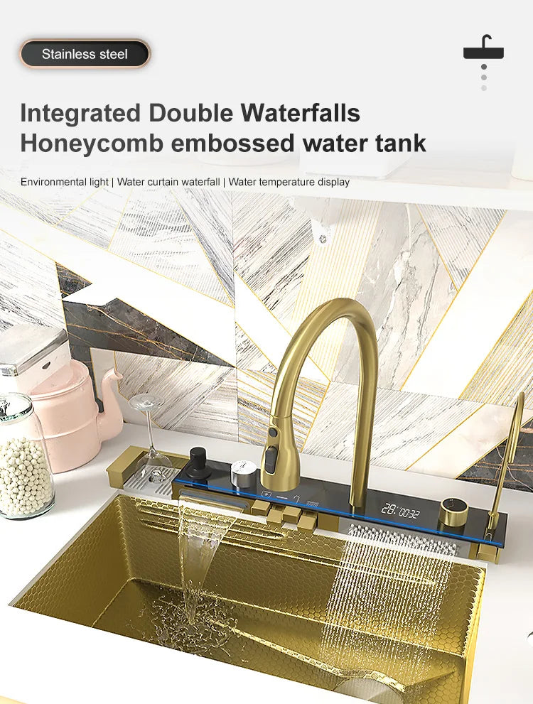 Stainless Steel Waterfall Sink Digital Display Large Slot