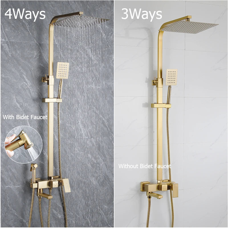 Wall Mount Brushed Gold Bathroom Shower Faucet Bath
