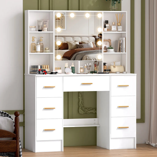 Understated Wooden Makeup Vanity Lit Mirror Light Modes