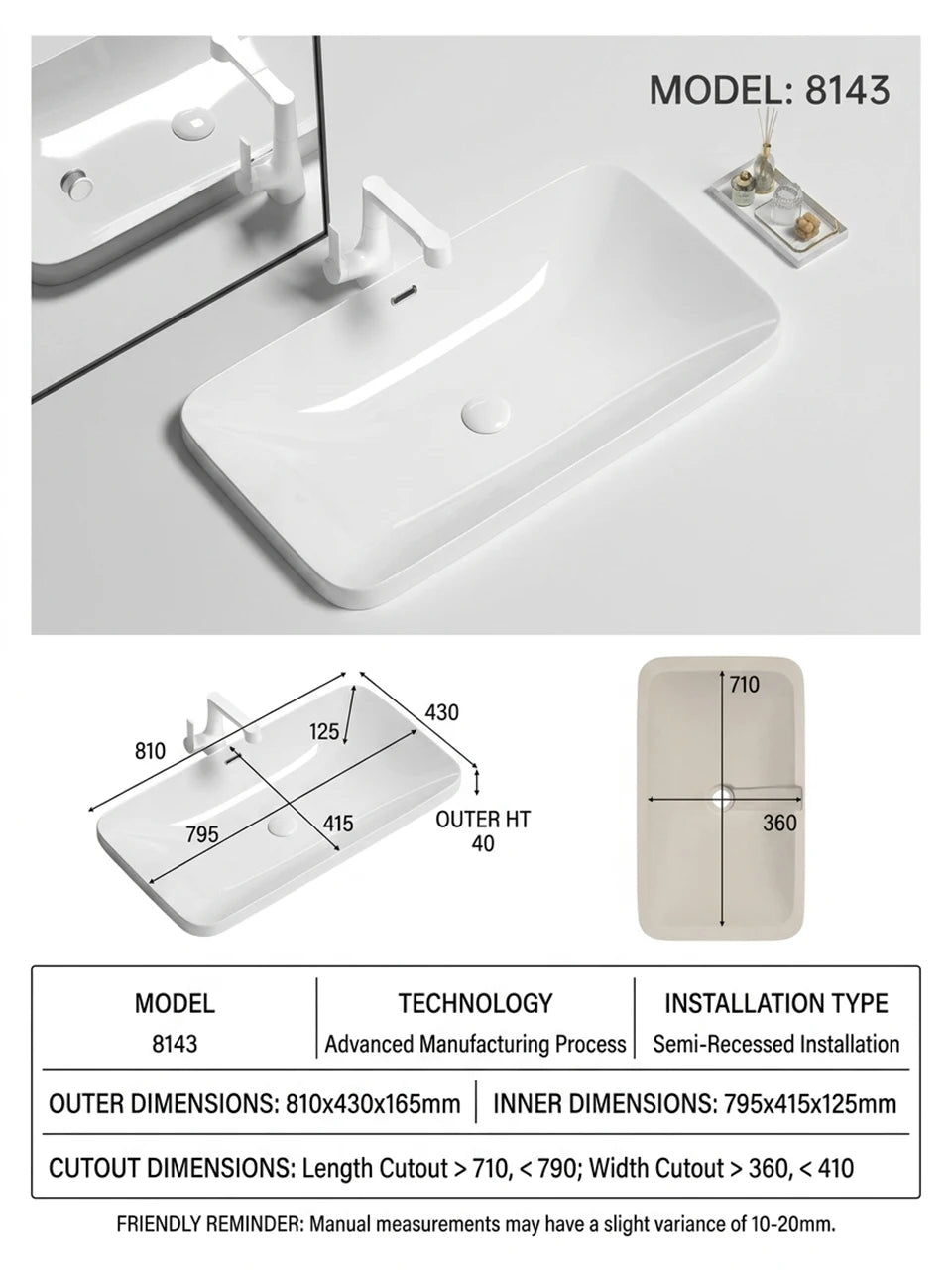 Rectangular Semi Recessed Ceramic Wash Basin Bathroom Countertop