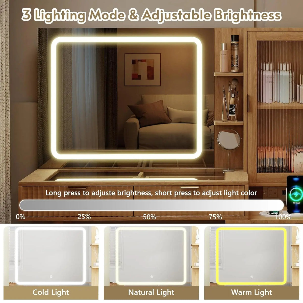 Fluted Boho Vanity Desk Led Mirror Glass Top