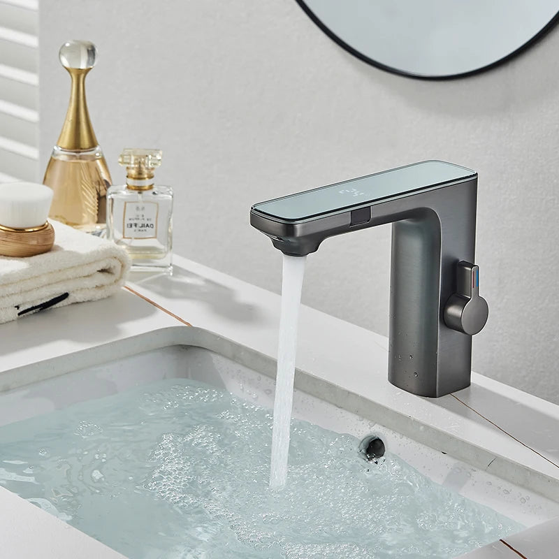 White Touchless Sensor Basin Faucet Smart Digital Display