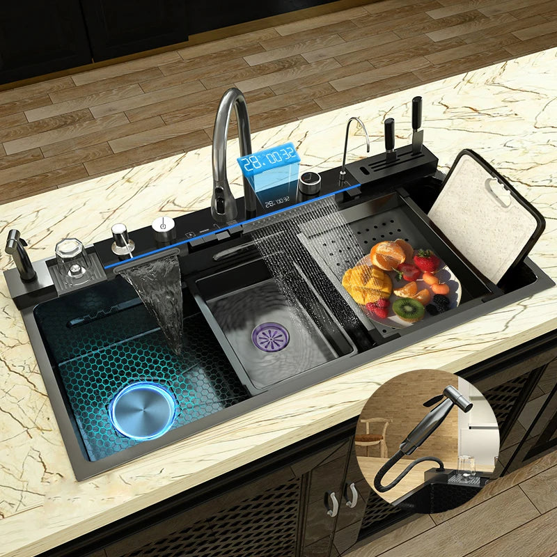 Stainless Steel Sink Large Slot Waterfall Digital Display
