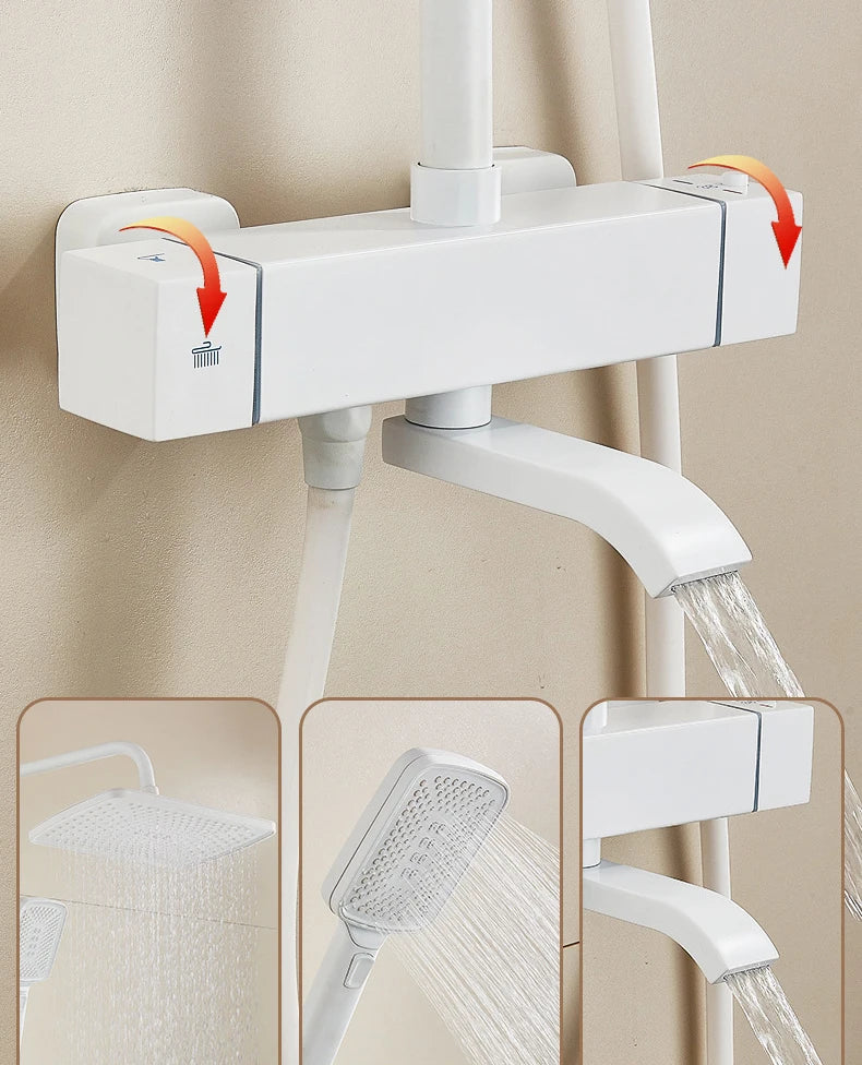 White Thermostatic Bathroom Shower 12 Inch Square Rain