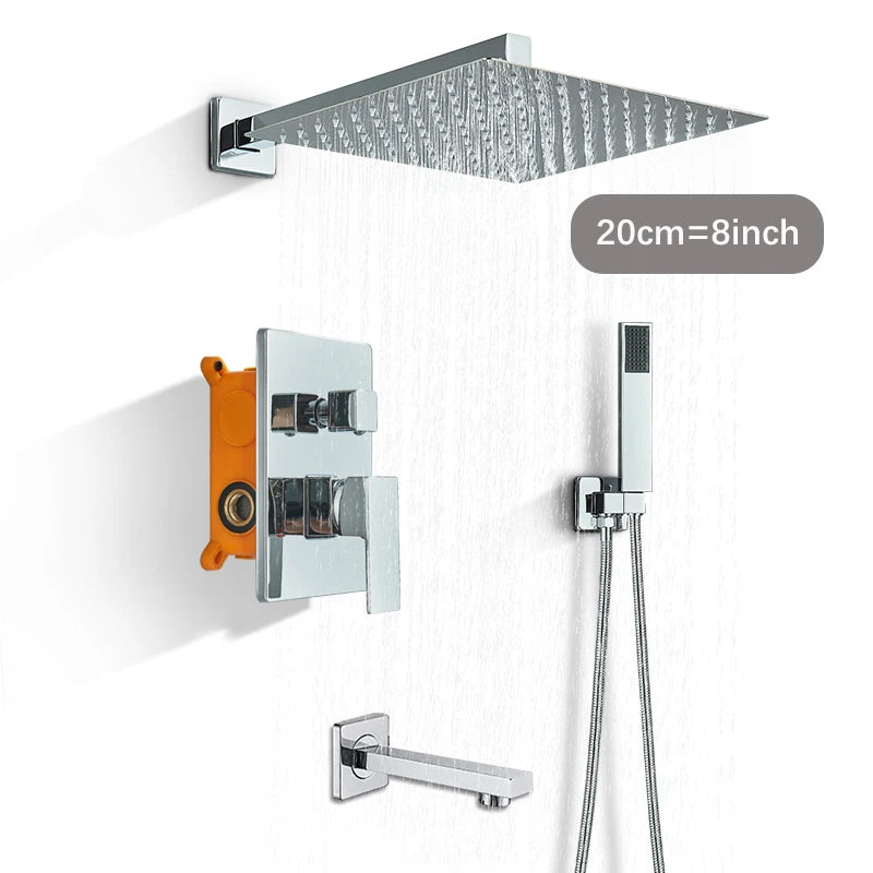 Chrome Concealed Bathroom Rain Waterfall Shower Faucets Wall