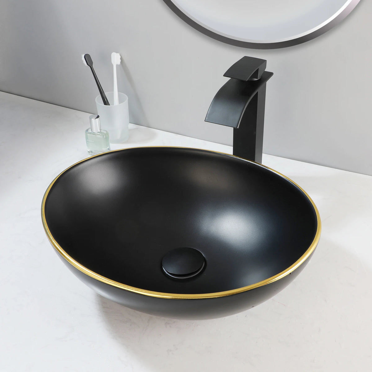 Kemaidi Oval Vessel Sink Faucet White Marbling Bathroom