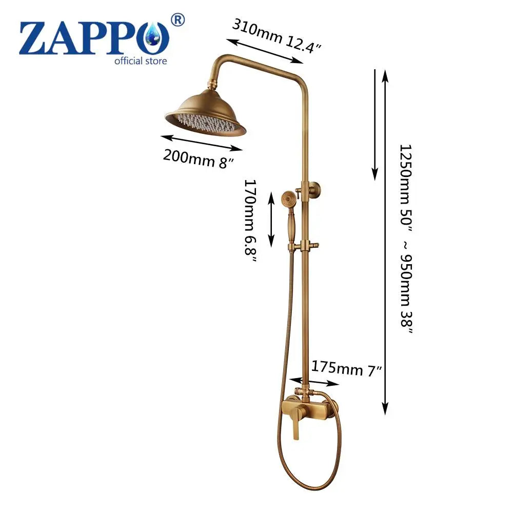 Zappo Antique Brass Shower Systerm Flexible Retro Brass