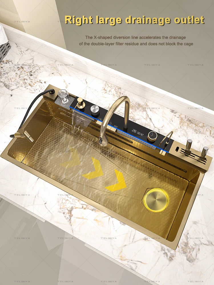 Stainless Steel Sink Digital Display Waterfall Large Slot