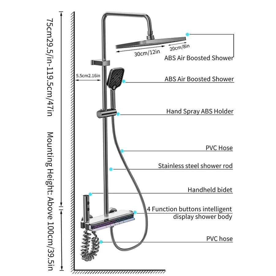12 Inch Shower Digital Display Led Wall Mounted