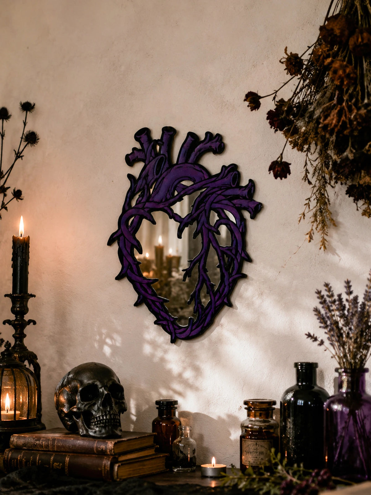 Purple Gothic Barbed Wire Heart Wall Mirror Witchy