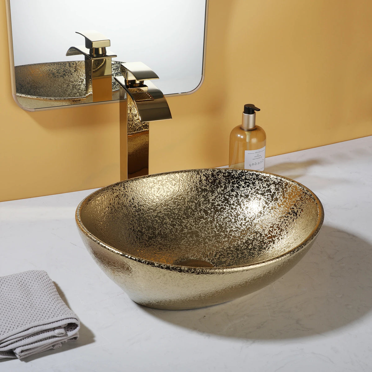 Kemaidi Oval Vessel Sink Faucet White Marbling Bathroom