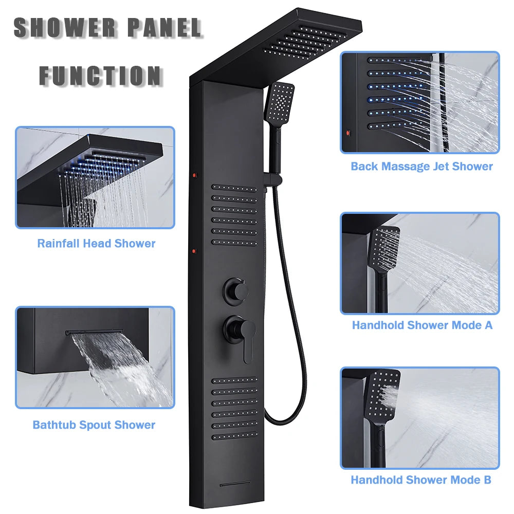 Rozin Black Shower Column Led Rainfall Bathroom Faucet