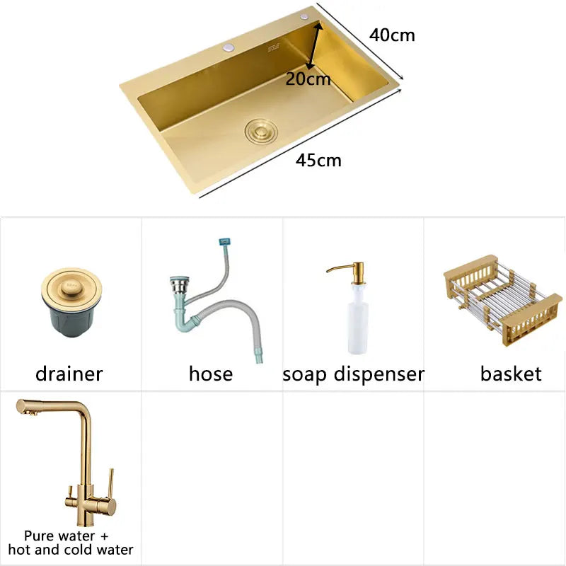 Gold Kitchens Sink Nano Handmade 304 Stainless Steel