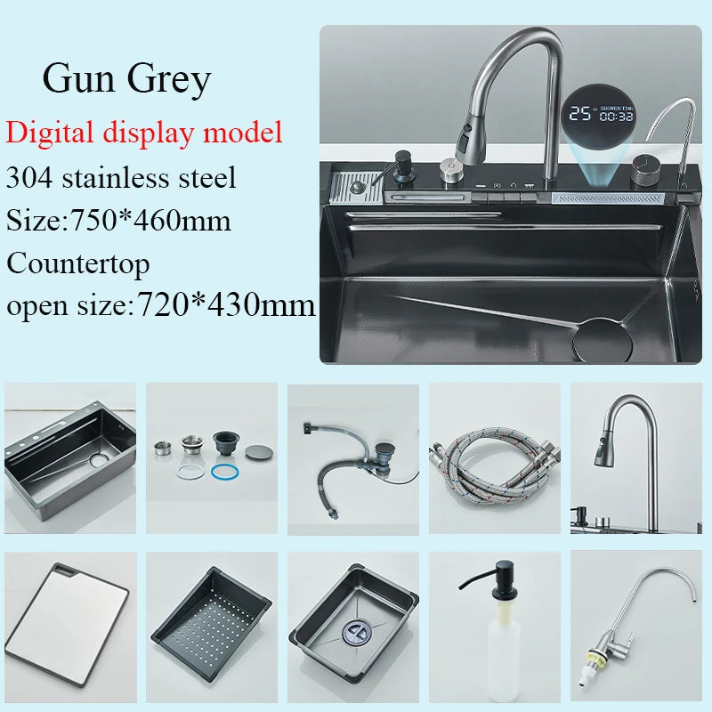 Grey Stainless Steel Waterfall Sink Large Slot Integrated