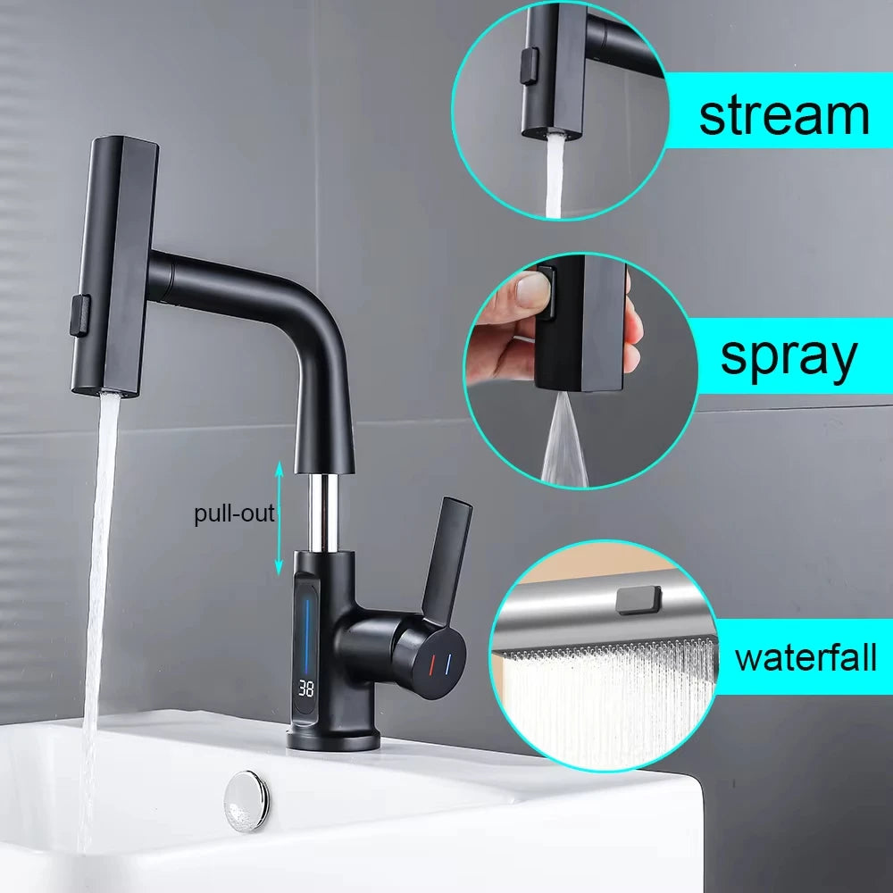 Temperature Digital Display Basin Tap Pull Out Cold