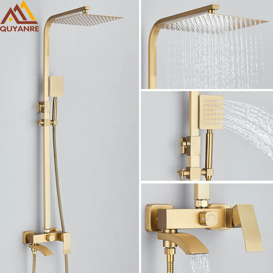 Rain Waterfall Shower Faucet Gold Brushed Wall Mounted