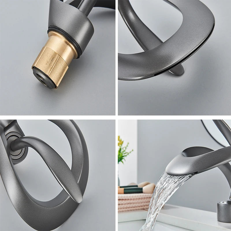 Black Bathroom Basin Taps Handle Waterfall Faucet Solid