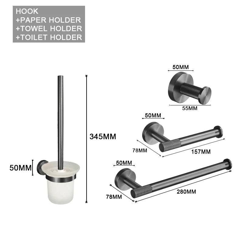 Grey Bathroom Hardware Kit Stainless Steel Round Wall