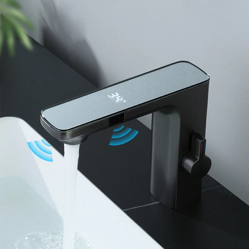 Gun Grey Smart Sensor Basin Faucet Digital Display