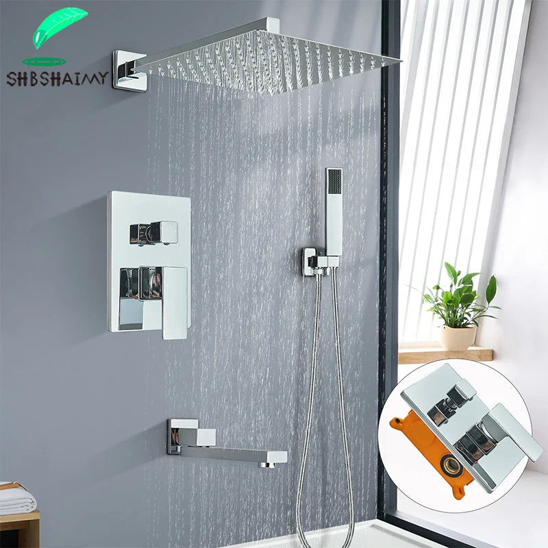 Chrome Concealed Bathroom Rain Waterfall Shower Faucets Wall