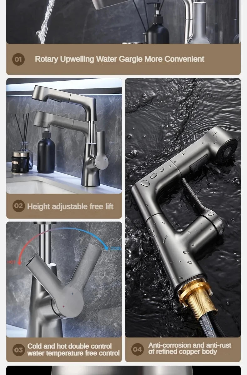 Pull Out Lift Faucet 360 Rotatable Bathroom Basin